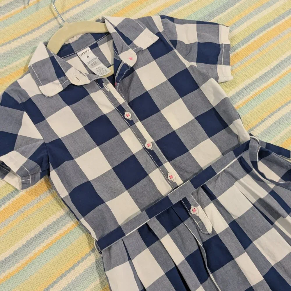 ⭐ Carter's white and blue gingham check shirt dress size 6